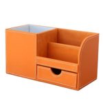 KINGFOM™ Wooden Struction Leather Multi-function Desk Stationery Organizer Storage Box Pen/Pencil ,Cell phone, Business Name Cards Remote Control Holder Colors (Orange-flannel)