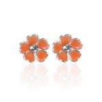 Mini Heart Petal Plumeria Orange Enamel .925 Sterling Silver Stud Earrings
