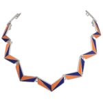 Navy Blue & Orange Color Block Chevron Simple Silver Tone Necklace
