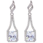 EVER FAITH® Women’s CZ Birthstone Square Bridal Drop Earrings Silver-Tone