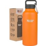 Healthy Human 32 oz Water Bottle – Cold 24 Hrs, Hot 12 Hrs. 4 Sizes & 12 Colors. Double Walled Vacuum Insulated Stainless Steel Thermos Flask with Carabiner & Hydro Guide. Color: Orange Sherbet