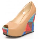 Sfnld Women’s Retro Peep Toe Contrast Color Slip On Pumps High Wedge Heel Shoes