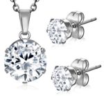 Stainless Steel Prong-Set Cubic Zirconia Round Circle Charm Chain Necklace & Stud Earrings Set