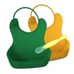 Waterproof Silicone Baby Bibs, Easy Clean, Less Mess! Soft on Skin! Allergy Friendly! Adjustable Straps! Deep Tray! 2 Color Pack (Green / Yellow) with Bonus Spoon.
