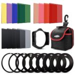Rangers 12pcs Solid ND + Color Filter Kit (ND2, ND4, ND8, ND16, Red, Green, Blue, Yellow, Brown, Orange, Purple, Pink Filters, Optics) + 9 Filter Adaptors Ring (49-82mm) + Carrying Pouch RA110