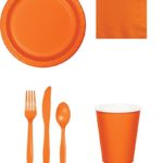SUNKISSED ORANGE COLOR Large Party Bundle: TWO 8 Packs of Dinner Plates, TWO 8 Packs of Hot/Cold Cups, 20 Lunch Napkins, and TWO 18 Piece Cutlery Set