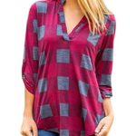 ZKESS Womens Casual Ladies V-Neck Cuffed 3 4 Long Sleeve Plaid Shirts Blouse Tops (S-XXL)