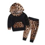 HOT SALE! Napoo Baby Kids Long Sleeve Leopard Patchwork Pocket Swearshirt Top + Pants Outfits Set (6M, black)
