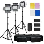 Julius Studio 3x 216 Barndoor Continuous LED Video Lighting kit Dimmable Panel Camera, for Canon, Nikon, Sony and DSLR Cameras, Li-Ion Battery and Charger,Color Filters,Premium Carry Bag, JSAG159