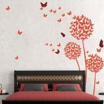 GECKOO Dandelion Wall Decal Flower Sticker Nursery Floral Wall Mural Girl Room Vinyl ( Large,Dandelion – Orange;Four butterflies – Dark Red)