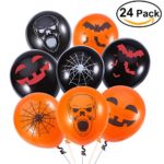 24 Assortments Halloween Balloons for Halloween Party Decoration, 4 Designs with Orange and Black Colors Balloons, Hand Held Air Inflator Included