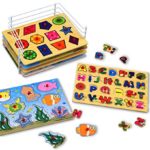 Kleeger Premium Baby Peg Puzzle 6-In-1 Set – 6 Different Themed Educational Knob Puzzles For Boy & Girl Toddlers – Alphabet, Numbers, Sea Life, Dinosaurs, Shapes & Vehicles – Bonus: Storage Rack