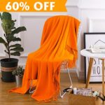 Lightweight Throw Blanket Orange Soft Plush Microfiber Sofa Couch Knit Blankets with Fringe