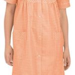 EZI Women’s Short Sleeve Embroidered Gingham House Dress,L,Orange