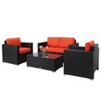 Kinbor New 4 PCs Black Rattan Patio Outdoor Furniture Set Garden Lawn Sofa Sectional Set, Orange Cushion