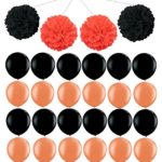 Elecrainbow 50 Pack 12 Inch Latex Balloons (Pearlescent Black + Orange Colors) with 4 Pcs 10 Inch Bright Tissue Paper Pom Poms Flowers Balls (Black + Red Colors) for Baby Shower, Wedding, Birthday Par