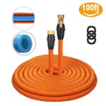 Tacklife 100ft Garden Hose, Innovative 2018 Leakproof Patent Connector Lightweight Expandable Water Hose, Durable Double Latex Core, Solid Brass Fittings, Free Net Bag, 3 Extra Rubber Gaskets – Orange