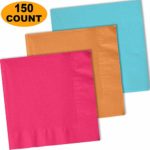 150 Lunch Napkins, Electric Pink, Autumn Orange, Island Blue – 50 Each Color. 2 Ply Paper Dinner Napkins. 6.5″ folded, 13.5″ unfolded.