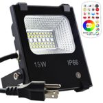 Yangcsl LED Flood Light Outdoor, 15W Color Changing Floodlight with Remote, 120 RGB Colors, Warm White to Daylight Tunable, IP66 Waterproof, US 3-Plug