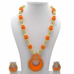 GOELX Silk Thread Necklace and Jhumki Set Orange and Gold with Stone Balls