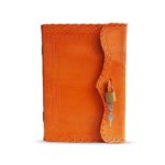 10″ Genuine Leather Journal Vintage Antique Style Organizer Blank Notebook Secret Personal Diary with Lock And Key Day Planner Classic Orange Color Handmade Travel Diary Perfect Gift for Men Women