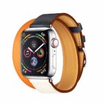 LeafBoat Compatible with Apple Watch Band 44mm Genuine Leather Stitching Color Strap,Bracelet Wristband with Stainless Steel Adapter Clasp for Apple Watch 4,44mm Double Tour-Blue/Pink/White/Orange