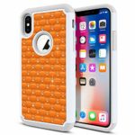 FINCIBO Case Compatible with Apple iPhone X XS 5.8 inch, Dual Layer Shock Proof Hybrid Protector Case Cover TPU Sparkle Rhinestone for iPhone X XS – Solid Neon Fluorescent Orange Color