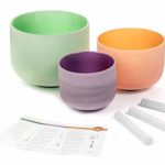 Crystal Singing Bowls Set – Frosted Colors Green, Purple, Orange – 8 inch Crown Chakra B note, 10 inch Sacral Chakra D note, 12 inch Heart Chakra F note
