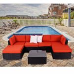 Peach Tree Outdoor Furniture Sectional Wicker Sofa Set 7 PCs Patio, All-Weather Washable Waterproof Orange Cushions, w/Glass Coffee Table, Backyard, Pool