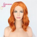 Short Orange Color Water Wave Daily Makeup Synthetic Lace Front Wedding Party Wig (Orange)