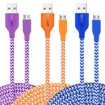 OKRAY 3 Pack 10ft 3M High Speed Nylon Braided Tangle-Free Micro USB 2.0 Charger Cable Sync Charger Charging Cord Compatible Android, Samsung Galaxy S6 / S7, HTC, Sony, Nokia, LG (Blue Orange Purple)