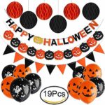 2018 Halloween Party Decoration Set (Pre-Assembled) with Black, Orange Color, Happy Halloween Letter Banner, Triangle Flag Garland, Pumpkin Paper Garland, Honeycomb Balls Tassel and Latex Balloons
