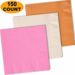 150 Lunch Napkins, Autumn Orange, Ivory, Candy Pink – 50 Each Color. 2 Ply Paper Dinner Napkins. 6.5″ folded, 13.5″ unfolded.