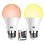 LE A19 E26 LED Light Bulb, 40W Incandescent Equivalent, RGBW, Dimmable, 6W 470lm, 4 Modes Color Changing With Remote Control, for Home, Living Room, Bedroom and More, Pack of 2