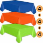 12 Plastic Tablecloths – Sapphire Blue, Orange, Lime Green – Premium Thickness Disposable Table Cover, 108 x 54 Inch, 4 Each Color