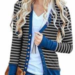 FAFOFA Women Stripe V Neck Snap Button Down Open Front Ribbed Cardigan Knitwear