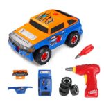 Virhuck 2 In 1 Take Apart Toy Racing Car Kits for kids – Build Your Own Toy Truck Playset with 36 Parts, Two Color Shell, Realistic Engine Sounds & Drill, Orange and Blue