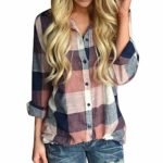 TWGONE Plaid Shirts For Women Plus Size Casual Matching Color Long Sleeve Button Loose Blouse Top(XX-Large,Orange)