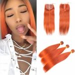 Zara Hair Orange Bundles with Closure Silky Straight Burnt Orange Color Human Hair Weaves with Lace Closure 4X4 Middle Part Brazilian Virgin Hair Extensions (10 with 12 12 12)