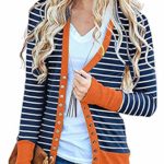 FAFOFA Women Button Up Cardigan Stripe Color Block Open Front Ribbed Outwear Coat Orange S
