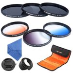 K&F Concept 62mm 6pcs Lens Filter Kit ND2 ND4 ND8 Neutral Density ND Filter Slim Graduated Color Blue Orange Gray For Sony Alpha A65 A77 A57 DSLR Camera with 18-250mm 18-135mm Lens + Microfiber Lens Cleaning Cloth + Flower Petal Lens Hood + Center Pinch Lens Cap + Filter Pouch