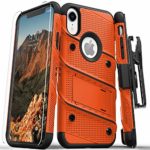 Zizo Bolt Series Compatible with iPhone XR Case Military Grade Drop Tested with Tempered Glass Screen Protector Holster and Kickstand Orange Black