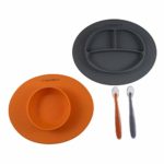 Silicone Bowl and Silicone Plate Easily Wipe Clean! Self Feeding Set Reduces Spills! Spend Less Time Cleaning After Meals with a Baby or Toddler! Set Includes 2 Colors (Orange/Gray)