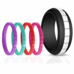 Srnfean Men’s Silicone Fashion Rings 5 Colors Replaceable Middle Wide Stripe (White, Grey, Green, Blue, Orange) Wedding Band