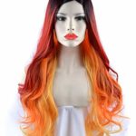 SEIKEA Long Wavy Red Hair Wig for Women Dark Root Color Ombre Part in Side with Orange Curls 30 Inch