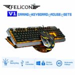 FELICON V1 Gaming Keyboard Mouse Sets Wired Yellow LED Backlit Ergonomic Metal Waterproof + 3200DPI 7 Colors Breathe Light Optical Gamer Mouse Sets + Gaming Mousepad (Black Silver/Orange Light) …