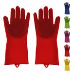 Silicone Dish Scrubber Gloves Reusable Heat Resistant for Dish Washing Cleaning Kitchen Bathroom Car Washing Large Non-Latex Sponge Gloves in Trendy Colors (Orange)