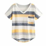Womens Sexy Stripe V-Neck Tops Short Sleeve T-Shirt Pocket Block Color Tops 2019 New Under 10 Dollar Orange