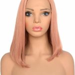 BLUPLE Short Bob Style Lace Front Wigs Orange Pink Color Straight Synthetic Heat Resistant Hair Rose Peach Full Wig Side Part for Women Girls (14 inches, Orange Pink)