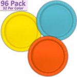 96 Paper Dinner Plates (9″) – Aqua, Neon Yellow, Orange – 32 Per Color, 3 Colors – Great Assortment for Birthday Parties, Weddings, Holidays, Baby Shower, Celebrations, and more